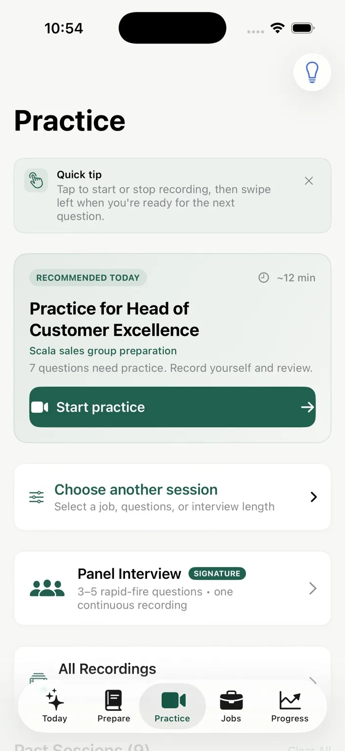 Honed Practice screen with recommended interview session