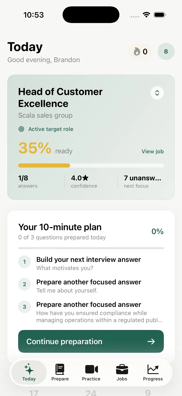 Honed Today screen with active target and preparation plan